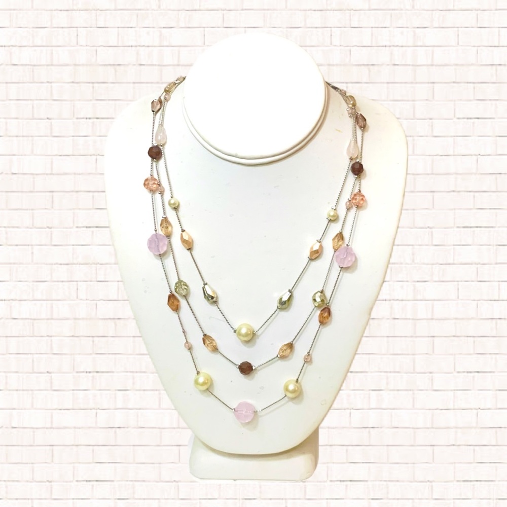 Lia Sophia necklace • layered crystal beaded pink warm tones with silver EUC OBO